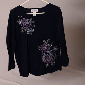 Alfred Dunner Navy blue floral 3/4 sleeves top